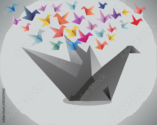 A gray origami bird releasing a colorful flock of paper birds into the air