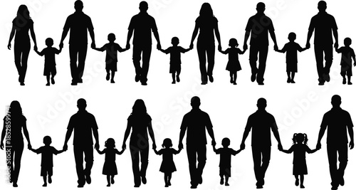 Family walking silhouettes illustration showing parents holding children hands together, parenting lifestyle, family bonding, outdoor activity, and togetherness concept