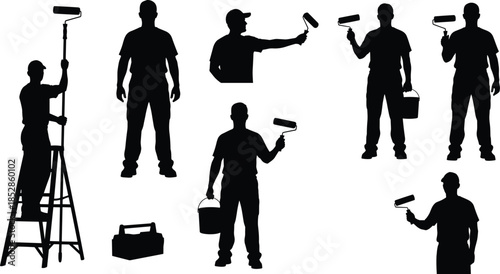 Painter worker silhouettes illustration showing professional decorators using paint rollers, ladder, and tools, construction painting work concept, and labor activities