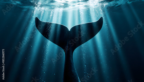 Underwater view of a whale's fin with sunlight piercing through ocean surface - Concept of Whale Day  