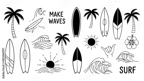 Surfing elements collection with make waves and surf text Vector, illustration