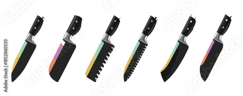 Modern Black Kitchen Knives with Colorful Gradient Blades Set Icon Vector