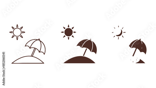 Beach umbrella icons set under different sun conditions Vector, illustration
