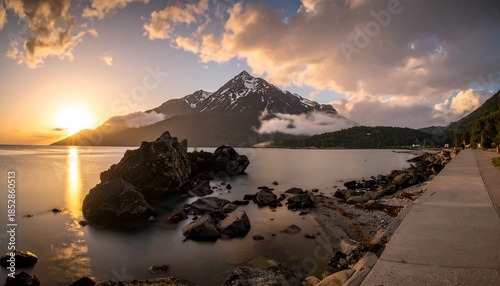 Dramatic Sunset Over Lake and Mountain in Greece.