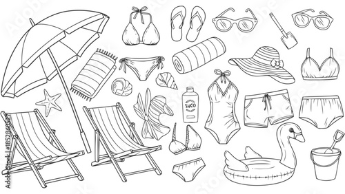 Summer vacation essentials and beach accessories collection Vector, illustration