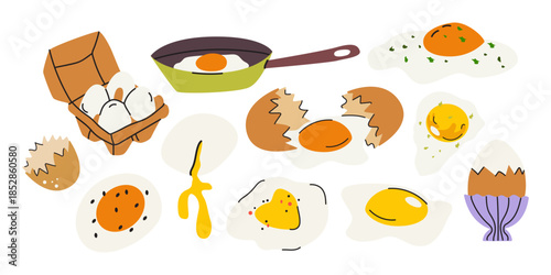 Different types of eggs for breakfast. Fried eggs, boiled eggs, poached eggs. Protein food stickers set in cartoon doodle style. Healthy delicious breakfast. Vector illustration