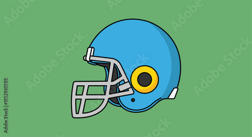 Blue American football helmet with silver facemask and yellow emblem on green background blue helmet