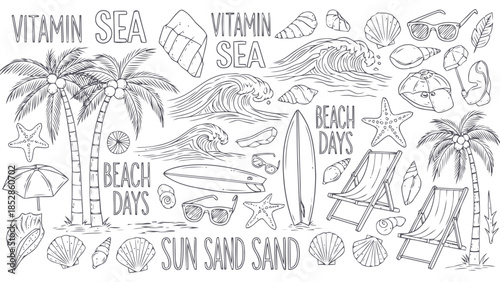 Beach scene with palm trees and surfboards Vector, illustration