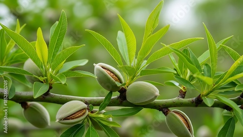 Almond fruits growing on tree branch in garden