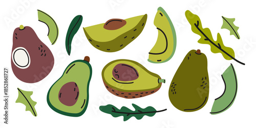 Avocado bright cartoon stickers in doodle style. Organic healthy vegetarian food. Fresh grocery products vegetables, greens, arugula. Avocado elements in trendy style. Vector illustrations