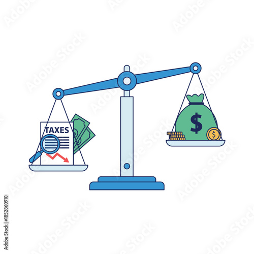 Tax reduction versus financial gain concept on a balance scale. Weighing tax documents against money bag and coins for fiscal analysis. Business finance equilibrium with decreasing taxes and profits