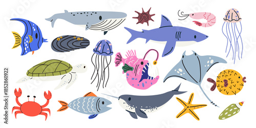 Underwater life elements in cartoon doodle style. Various sea animals, mammal, fish, slope, mussel, shark, turtle, shrimp, whale, predatory fish. Vector illustrations