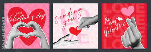 Valentine's day promotion social media banner post template with halftone hands forming heart gesture or love symbol. Y2k holiday poster with torn paper sticker. Retro business marketing background.