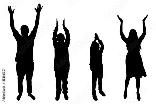 Family celebrating success with applauding arms, silhouette. Vector illustration