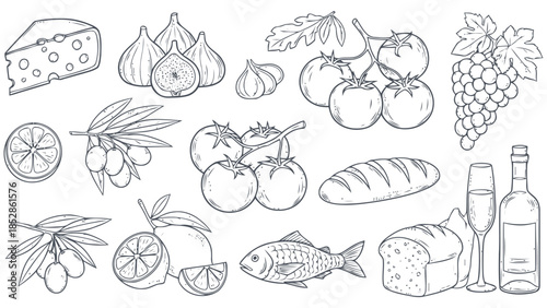 Delicious food items collection including fruits cheese and wine Vector, illustration