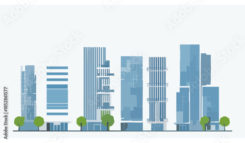 Minimal cartoon city office buildings vector illustration with tall modern towers isolated on transparent background