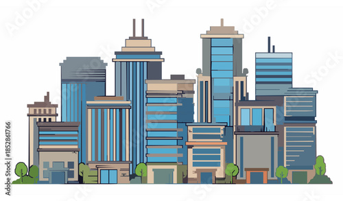 Cartoon modern high rise office buildings vector set with green trees isolated on transparent background