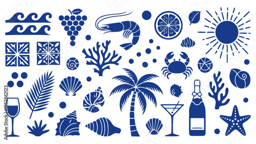 Summer vacation icons with palm tree and sea creatures Vector, illustration