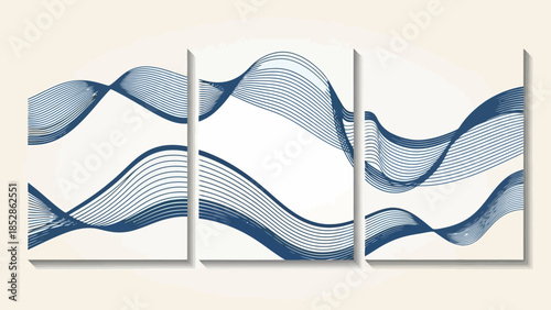 Abstract artwork featuring three panels with flowing, wavy blue lines against a white background.