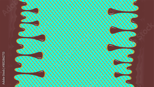 Wavy chocolate illustration. Chocolate wavy drip illustration. Brown chocolate drip illustration. Melted brown chocolate illustration. Liquid ice cream on waffle pattern background.