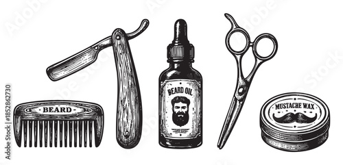 Vintage illustration of beard comb, straight razor, beard oil bottle, scissors, and mustache wax on white background, evoking a classic barber shop aesthetic and men's grooming.