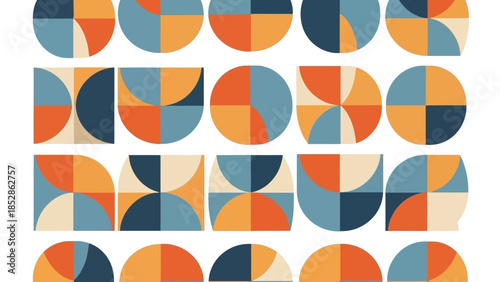 Geometric abstract pattern with colorful shapes and a repeating circular design.