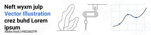Technology development, data analysis, automation, nature balance, innovation progress, robotics integration. Minimalist design showing a plant, robotic arm and graph. Technology and data analysis