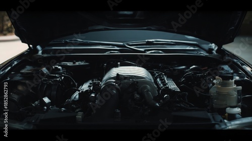 Wallpaper Mural minimalist naturally aspirated engine under open hood, no turbo, clean layout, calm confidence mood, soft cinematic light, centered framing Torontodigital.ca