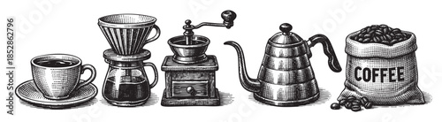 A detailed black and white line art illustration showcases a vintage coffee setup including a pour-over dripper, coffee grinder, kettle, and burlap sack of beans.