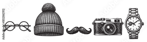 A monochrome sketch showcases a curated collection of vintage men's accessories including round glasses, a beanie, a mustache, a camera, and a watch on a white background.