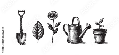 A vintage black and white illustration featuring gardening essentials including a spade, leaf, flower, watering can, and a potted seedling, suitable for rustic or organic themes.