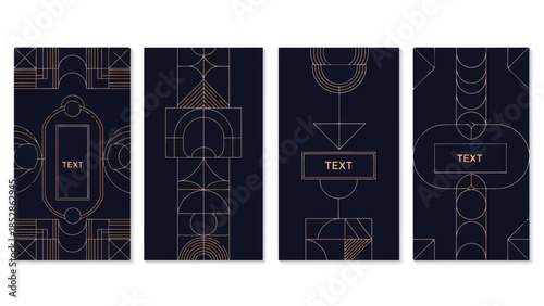 Art deco style dark blue backgrounds with geometric gold lines and text boxes for design.