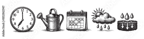 A series of illustrative icons depicting the gardening cycle including a clock, watering can, calendar with marked days, rain cloud, and soil with arrows.