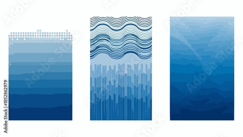 Three abstract vertical panels featuring gradient blues and geometric patterns, evoking water or sky.