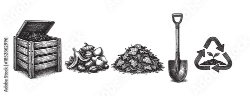 This vintage style illustration depicts elements of composting including a wooden compost bin, food scraps, fallen leaves, a shovel, and a recycling symbol with a sprout.