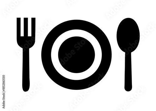 Fork, spoon and plate set icons. Tableware set flat style. Dinnerservice collection. Dinner service - stock vector.