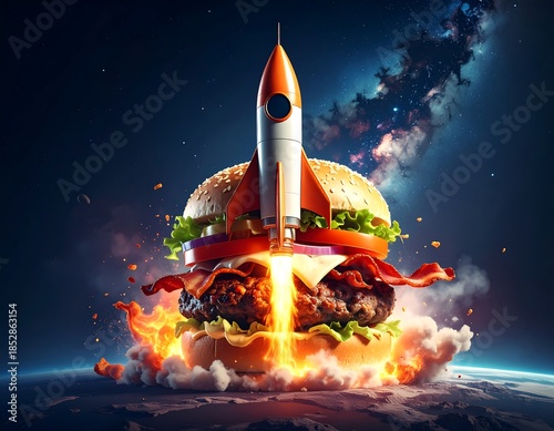 Rocket powered burger blasting off into space with fiery explosion