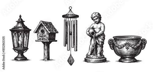 A black and white engraving showcases a collection of vintage garden ornaments, including a lamp post, birdhouse, wind chimes, cherub statue, and decorative urn, suitable for antique or decorative