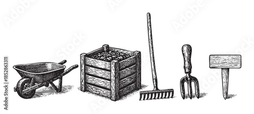 A monochrome woodcut illustration features a collection of garden tools, including a wheelbarrow, planter, rake, hand fork, and signpost, against a stark white background.