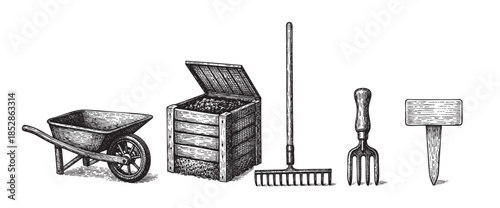 A whimsical black and white illustration depicts a collection of vintage gardening tools, including a wheelbarrow, compost bin, rake, fork, and wooden stake, arranged against a clean white background.