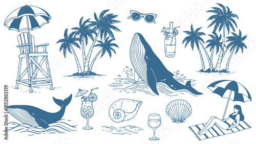 Beautiful beach scene with whales and palm trees Vector, illustration