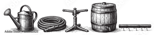 A vintage ink illustration showcases essential gardening equipment including a watering can, coiled hose, sprinkler, barrel, and drip irrigation system, perfect for rustic or historical garden themes.