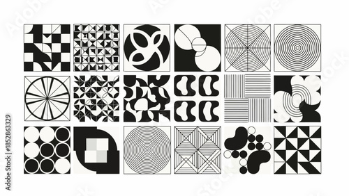 A grid of 20 black and white geometric abstract art patterns, each in its own square frame.