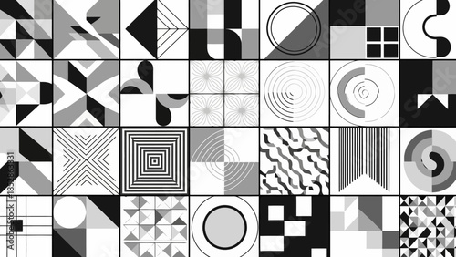 A detailed geometric pattern composed of various black and white square tiles, creating a complex visual arrangement.
