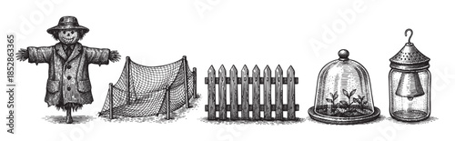 A whimsical black and white ink drawing depicts a scarecrow, net, fence, cloche with plants, and a bell jar, creating a charming, vintage garden scene.