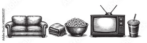 A black and white illustration depicts a vintage setup for a movie night, featuring a plush couch, a folded blanket, a bowl of popcorn, an old television, and a cup with a straw.