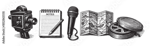 A vintage movie camera, notebook with pencil, microphone, map, and film reel are arranged in a line, depicted in a classic woodcut illustration style on a white background.
