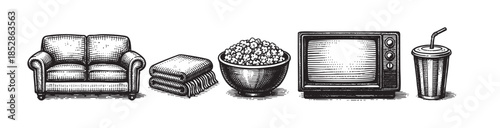 A vintage scene depicts a comfortable sofa, a stack of blankets, a bowl of popcorn, an old television, and a drink with a straw, all in a charming black and white sketch style.