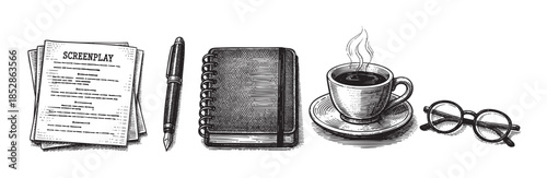 A vintage ink sketch illustrates writing tools including a screenplay, fountain pen, notebook, cup of steaming coffee, and round glasses on a white background.