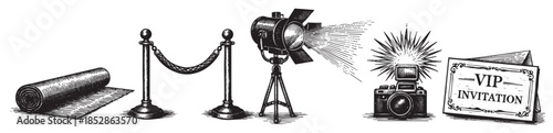 A vintage illustration features icons representing a glamorous event, including a red carpet, stanchions, spotlight, camera flash, and an invitation envelope.